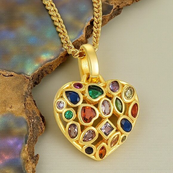 ποΈ Boho Chic Colorful Gem Heart Necklace 18K Gold Plated Stainless Steel - Picture 13 of 13